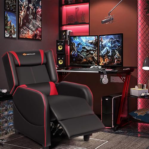 Goplus Massage Gaming Recliner Chair, Racing Style PU Leather Single Recliner Sofa with Footrest, Adjustable Modern Living Room Recliners, Ergonomic Home Theater Recliner Seat (Red)