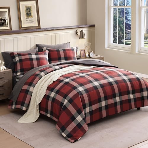 AMBERSPACE Full Size Comforter Set, Red Plaid Bedding Set 7 Pieces for Boys Girls, Classic Checkered All Season Bed in a Bag for Dorm with Sheets, Pillowcases & Shams AMBERSPACE