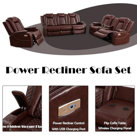 Ocstta Breathing Leather Power Recliner Sofa Set, Reclining Couch Set with LED Light/Cup Holders/Storage, 3 Piece Living Room Set 3 Seat Sofa Loveseat and Chair for Home Theater (Auburn) Ocstta