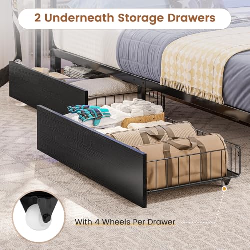 Hasuit Corner Bed Frame Full with 2 Drawers and Storage Bookcase, Daybed with Charging Station and LED Lights, Metal Platform Bed with Bookshleves, Full Size Bed Frame for Kids Teens Guests, Black Hasuit