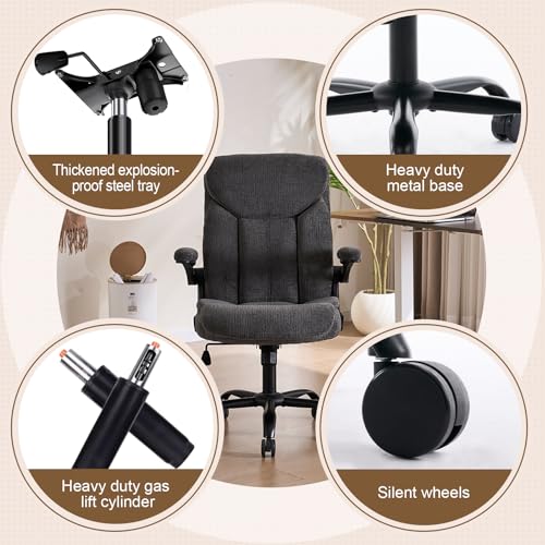 Executive Office Chair, Comfy Fabric Cloth Computer Chair Ergonomic Desk Chairs with Flip-up Armrests, Lumbar Support, 360° Swivel and Rocking Function for Home Office Chairs, Grey JOYNET