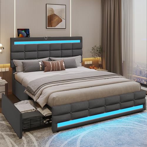 ADORNEVE Dark Grey Queen LED Bed Frame with 4 Drawers & USB Charging Station - WoodArtSupply