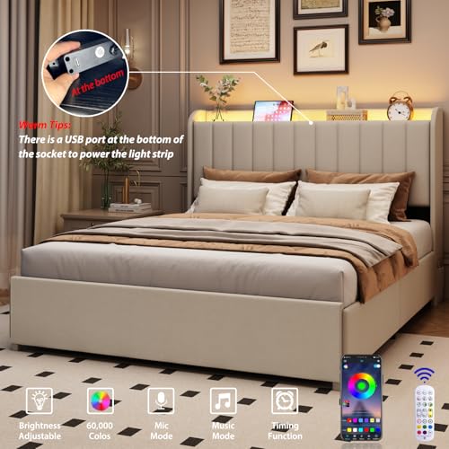 Queen Bed Frame with 4 Drawers and Storage Headboard, Upholstered Platform Bed Frame Queen Size with Led Lights and Handy Charging Station, No Box Spring Needed, Easy Assembly, Noise Free, Beige TIGUBFRE