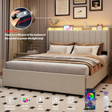 Queen Bed Frame with 4 Drawers and Storage Headboard, Upholstered Platform Bed Frame Queen Size with Led Lights and Handy Charging Station, No Box Spring Needed, Easy Assembly, Noise Free, Beige TIGUBFRE