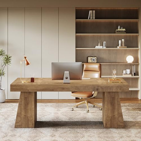 Tribesigns 55-Inch Executive Desk, Large Wood Office Computer Desk with Double Pedestal, Modern Minimalist Workstations Writing Table Conference Table Furniture for Home Office, Light Brown Tribesigns