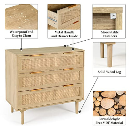 HOPUBUY 3 Drawer Dresser for Bedroom, Rattan Dresser Modern Closet Dressers Chest of Drawers, Wood Oak 3 Drawer Storage Chest for Bedroom, Hallway, Living Room - WoodArtSupply