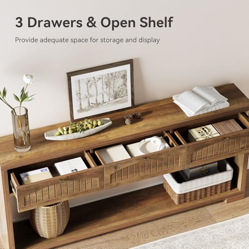 LITTLE TREE 70-Inch Console Table with 3 Drawers, Farmhouse Narrow Long Entryway Table for Behind Couch, Hallway, Sofa, Entry, Entrance, Living Room, Foyer with 2-Tier Open Shelves, Rustic Brown LITTLE TREE