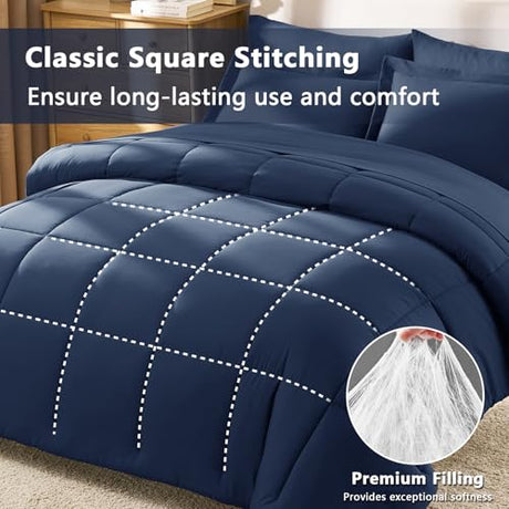 CozyLux Queen Comforter Set Navy Blue - 7 Pieces Bed in a Bag Queen, All Season Breathable Bedding Sets, Oeko-Tex Certified Bed Set with Down Alternative Comforter, Sheets, Pillowcases & Pillow Shams CozyLux