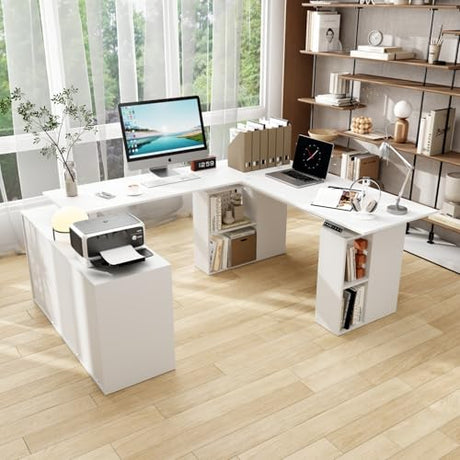 Homsee Electric Height Adjustable Standing Desk with Storage Cabinet, U-Shape Computer Desk with Drawer & Open Shelves for Home Office, Workstation Desk for Writing Study Executive, White Homsee
