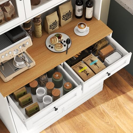 Tall Pantry Cabinet, Modern Kitchen Hutch with Microwave Stand, Kitchen Pantry Storage Cabinet with 2 Darwers & Door Shelf, Food Pantry with Glass Doors & Adjustable Shelves for Dining Room, White Gyfimoie