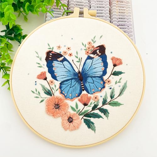 Silentsea Blue Butterfly Embroidery Kit for Adults - DIY Embroidery Set with Fabric, Threads and Needle for Craft Lovers