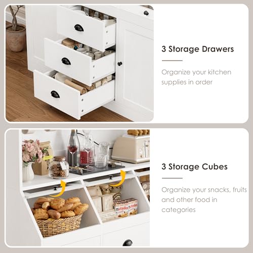 HIFIT 71.4” H Kitchen Pantry Storage Cabinet, Farmhouse Tall Pantry Cabinet with 3 Bread Storage Containers and Cable Hole, 47.2” Wide Kitchen Hutch with 7 Metal Hooks and Glass Doors, White HIFIT