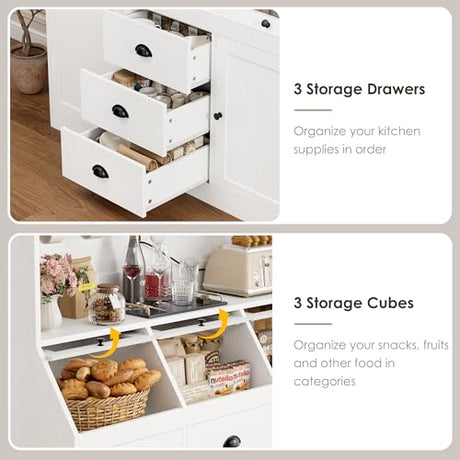 HIFIT 71.4” H Kitchen Pantry Storage Cabinet, Farmhouse Tall Pantry Cabinet with 3 Bread Storage Containers and Cable Hole, 47.2” Wide Kitchen Hutch with 7 Metal Hooks and Glass Doors, White HIFIT
