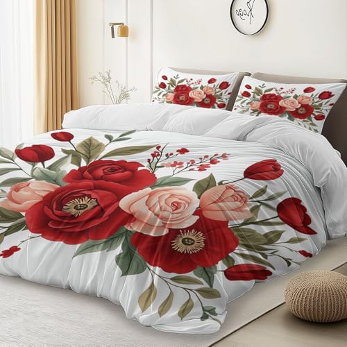 White 3 Piece Duvet Cover Set, 1 Printed Zipper Closure Duvet Cover with 2 Pillow Shams, Ultra Soft Brushed Microfiber Single with Minimalist Floral Retro Generic
