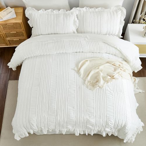 WONGS BEDDING White Comforter Set King,7 Pieces Ruffle Comforter Set with Sheets,Textured Bed in a Bag for King Bed 104"×90" WONGS BEDDING