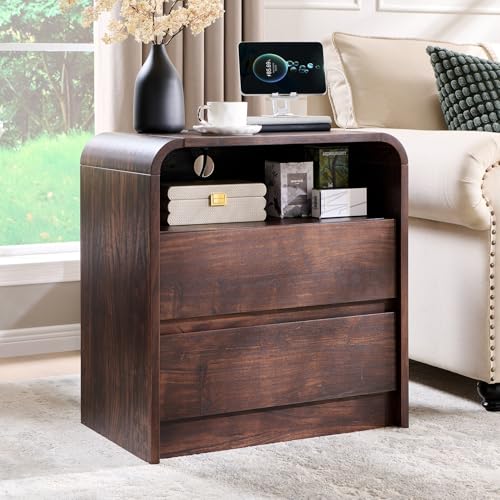 Aitjunz 25" Tall Modern Nightstand with Charging Station, 23.6'' Wide Wood Bedside Table w/2 Storage Drawers, Large Mid Century End Table for Bedroom, Living Room, Curved Profile Design, Brown Aitjunz