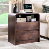 Aitjunz 25" Tall Modern Nightstand with Charging Station, 23.6'' Wide Wood Bedside Table w/2 Storage Drawers, Large Mid Century End Table for Bedroom, Living Room, Curved Profile Design, Brown Aitjunz