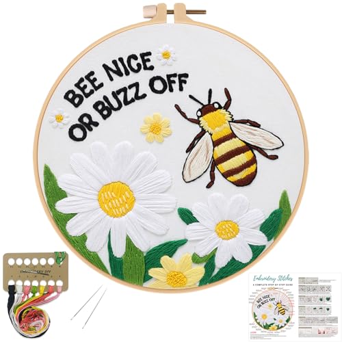 Louise Maelys Embroidery Kits for Beginners,Cross Stitch Kit for Adults,DIY Needlepoint with Bee Daisy Flowers Pattern