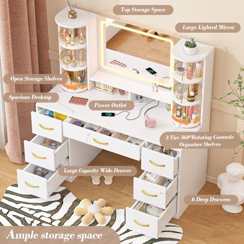 Vanity Desk with LED Mirror and 360 Rotating Makeup Organizer Shelves, White Makeup Vanity with Lights & Charging Station, Large Vanity Table with 6 Storage Drawers Bedroom Makeup Desk for Women Girls CSZZD
