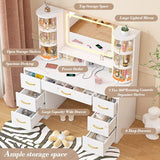 Vanity Desk with LED Mirror and 360 Rotating Makeup Organizer Shelves, White Makeup Vanity with Lights & Charging Station, Large Vanity Table with 6 Storage Drawers Bedroom Makeup Desk for Women Girls CSZZD