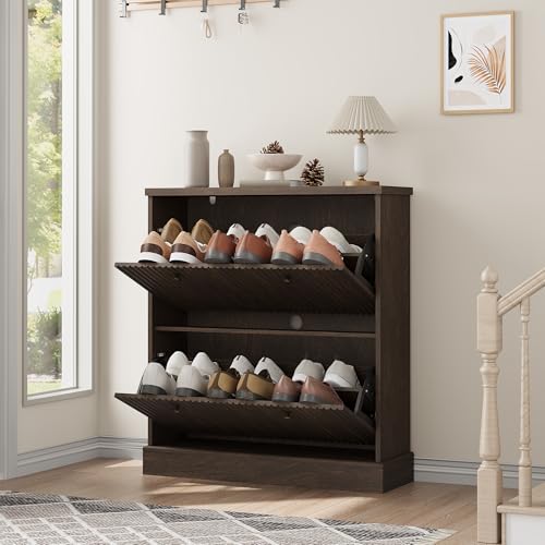 Garvee Shoe Cabinet with 2 Flip Drawers, Modern Narrow Wave Shoe Organizer with Adjustable Shelves, Wooden Freestanding Shoe Cabinet for Entryway, Living Room, Hallway, Walnut Garvee