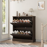 Garvee Shoe Cabinet with 2 Flip Drawers, Modern Narrow Wave Shoe Organizer with Adjustable Shelves, Wooden Freestanding Shoe Cabinet for Entryway, Living Room, Hallway, Walnut Garvee