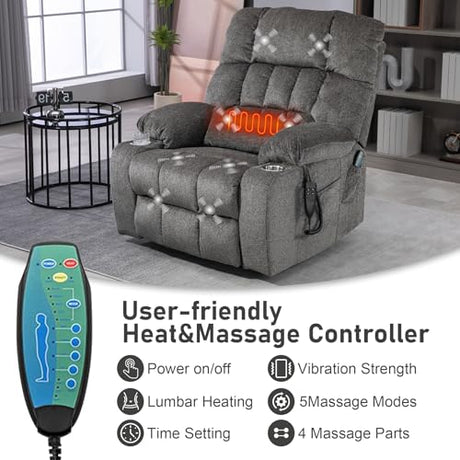 RHHVVR Oversized Power Recliner Chair for Big and Tall 400 LBS, 25.5" Extra Wide Electric Lift Chair with Heat and Massage, Dual Motor 180° Lay Flat Recliner Living Room Sofa, Chenille Big Lift Chair RHHVVR