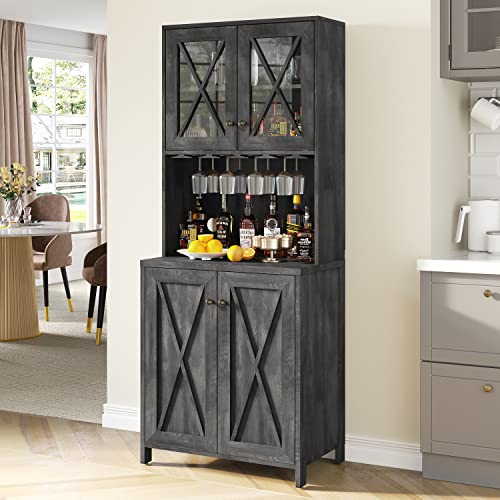 YITAHOME Farmhouse Bar Cabinet, 67" Tall Wine Bar Cabinet with for Wine Glass Rack, Home Bar Cabinet with Open Storage Shelves ＆ Glass Doors for Living Room, Hallway, Charcoal Grey YITAHOME