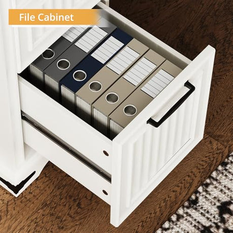 IRONCK 55'' Farmhouse Desk Home Office with Drawers, Wooden Computer Desk with Charging Station, File Drawers and Storage Cabinet, Executive Desk for Work, Study Writing, White IRONCK