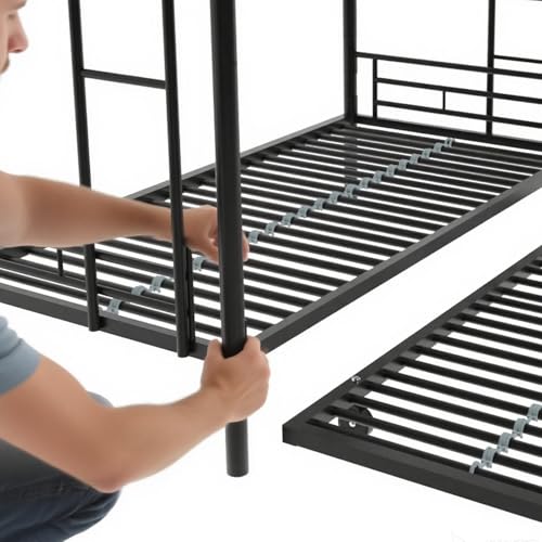 ArisingAsia Twin Over Twin Triple Bunk Beds with Trundle, Metal Bunkbeds with Ladder and Full-Length Guardrail, Noise Free, No Box Spring Needed ArisingAsia