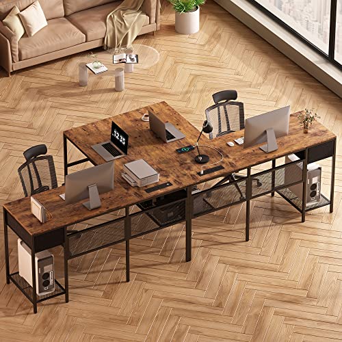 L-Shaped Rustic Brown Desk with Power Outlets and Storage Solutions - WoodArtSupply