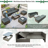 Goohome 5 Pieces Outdoor Patio Sectional Sofa Couch, PE Wicker Furniture Conversation Sets with Adustable Backrest & Washable Cushions & Ottomans & Glass Coffee Table for Garden, Poolside, Backyard Goohome