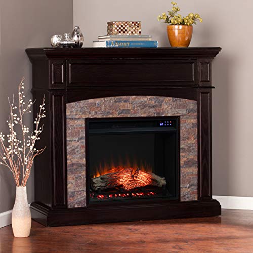 SEI Furniture Grantham Faux Stone Corner Electric Fireplace with Hidden Media Shelf, New Ebony SEI Furniture