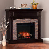 SEI Furniture Grantham Faux Stone Corner Electric Fireplace with Hidden Media Shelf, New Ebony SEI Furniture