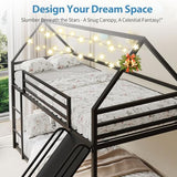 Tufons Twin-Over-Twin Low Bunk Bed with Convertible Slide, Full-Length Guardrail with Montessori Floor Bunk Bed Frame, Heavy Duty Metal Bed with House Shape and Roof for Boys Girls, Black Tufons