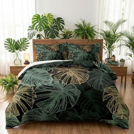 WeCozy Full Size Comforter Set with 2 Pillowcases, Green Tropical Leaves 3 Pcs Bedding for Kids and Adults, Monstera Palm Leaf Soft Comforter Set for Bedroom Bed Decor WeCozy