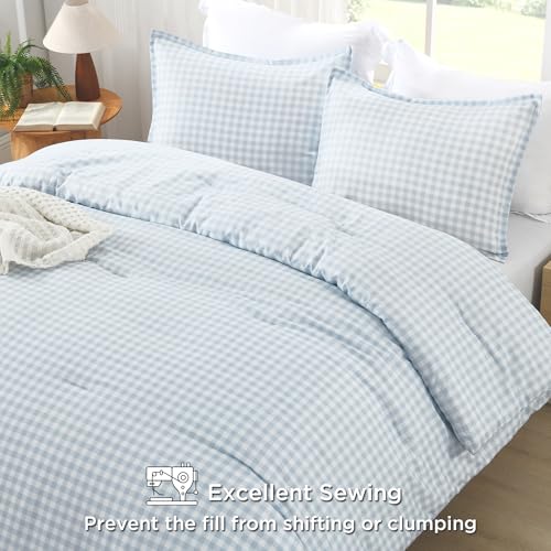 Andency Light Blue Gingham Comforter Set Full(79x90Inch), Checkered Grid Plaid Buffalo Bed Set for Girls Boys Kids Teens, 3 Pieces Lightweight Microfiber Geometric Preppy Bedding Andency