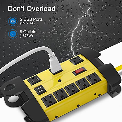 Heavy Duty Power Strip with USB, Workshop 8 Outlet Surge Protector 2700 Joules, Industrial Metal 15Amp Power Strip, 6FT Extension Cord and Wide Spaced. Yellow CCCEI