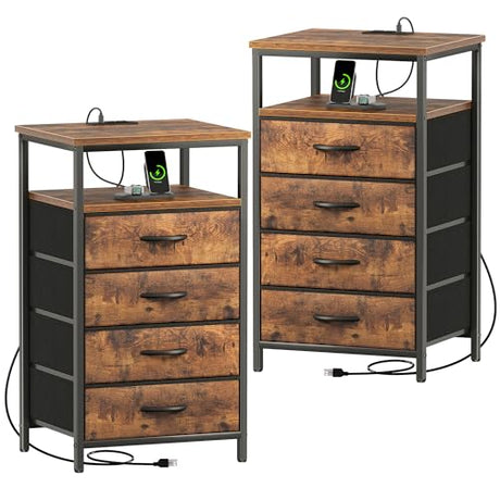 Huuger Night Stand with Charging Station, Set of 2, 4 Drawer Dresser for Bedroom, Bedside Table, 33.9 Inch Tall Nightstand with Open Shelf, End Table, for Closet, Entryway, Bedroom, Rustic Brown Huuger