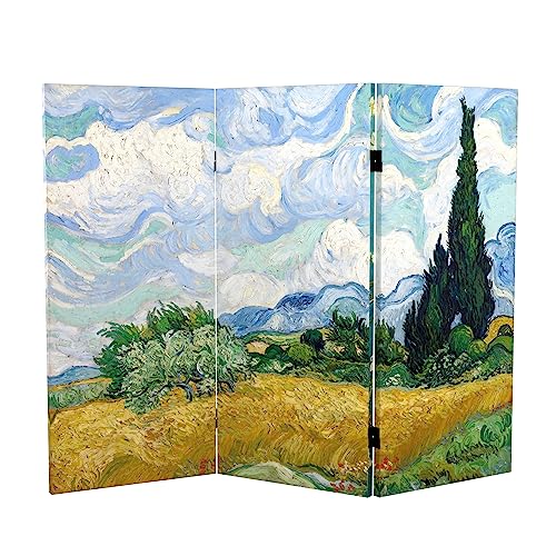 Red Lantern Double Sided Works of Van Gogh Canvas Folding Screen - Almond Blossoms/Wheat Field, 3 ft Short - 3 Panel Red Lantern