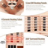 KUNSANA Ceramic Infrared Sauna, 2-3 Person Home Sauna, Canadian Hemlock Indoor Corner Sauna Spa, Wooden Sauna Room, 5 Low EMF Heaters + 4 Ceramic Tubes, Bluetooth Speakers, Chromotherapy Lights KUNSANA