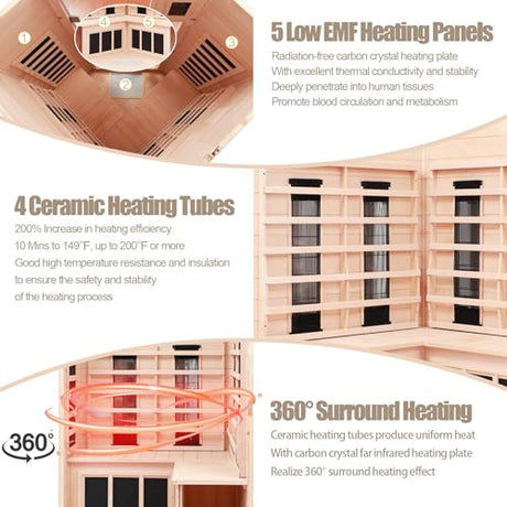 KUNSANA Ceramic Infrared Sauna, 2-3 Person Home Sauna, Canadian Hemlock Indoor Corner Sauna Spa, Wooden Sauna Room, 5 Low EMF Heaters + 4 Ceramic Tubes, Bluetooth Speakers, Chromotherapy Lights KUNSANA