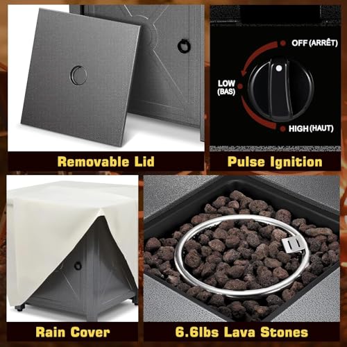 ZAFRO 28" Fire Pit Table, 40000 BTU Propane Fire Pit Table with Lid,Rain Cover and 3 Pounds Lava Stones for Outdoor Backyard, Courtyard ZAFRO
