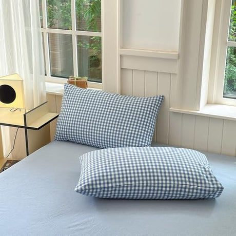 Blue Gingham Comforter Set Queen Modern Plaid Checkered Pattern Comforter 3 Pieces Blue Grid Comforter with 2 Pillowcases Soft Fluffy Gingham Bedding Set Farmhouse Plaid Comforter Set for All Seasons LifeTB