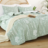 JANZAA Quilts Queen Size Sage Green Quilt Botanical with Floral Pattern Microfiber Bedspreads Queen Size 3 Pieces Lightweight Comforter Reversible Bedding Set with 2 Pillow Cases JANZAA