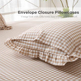 K MASANIJI Taupe White Plaid Ruffle Sheets King Size 4-Piece Set, 300TC 100% Yarn Dyed Cotton Checker Sheets 18‘’ Deep Pocket Farmhouse Gingham Decorative Bedding（Taupe/White Plaid, King） K MASANIJI