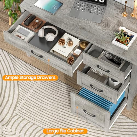 Vabches Farmhouse 47" Executive Desk with 4 Drawers, Computer Desk with File Drawer and Charging Station, Workstation for Home Office, Study.（Grey） Vabches