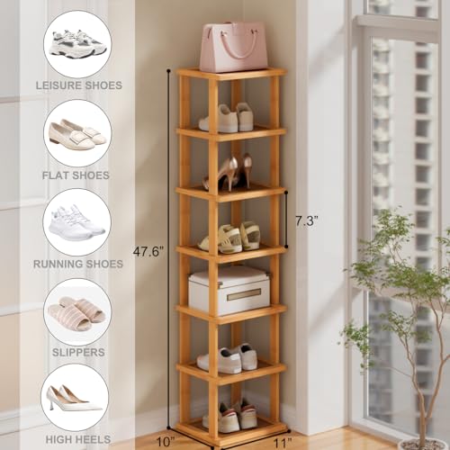 ZUJJAFY Vertical Shoe Rack for Entryway, Small Shoe Rack 7-Tier Tall Shelf for Narrow Spaces Free Standing Shoe Racks, Bamboo Shoe Rack Organizer for Closet Corner Bedroom and Garage ZUJJAFY