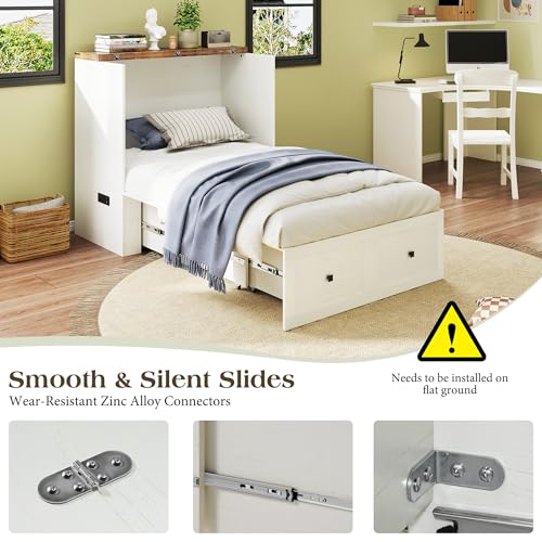 LUXOAK Twin Murphy Bed with Built-in Charging Station and Storage Drawer, Farmhouse Foldable Cabinet Bed for Guest Room, Apartment or Home Office, White LUXOAK