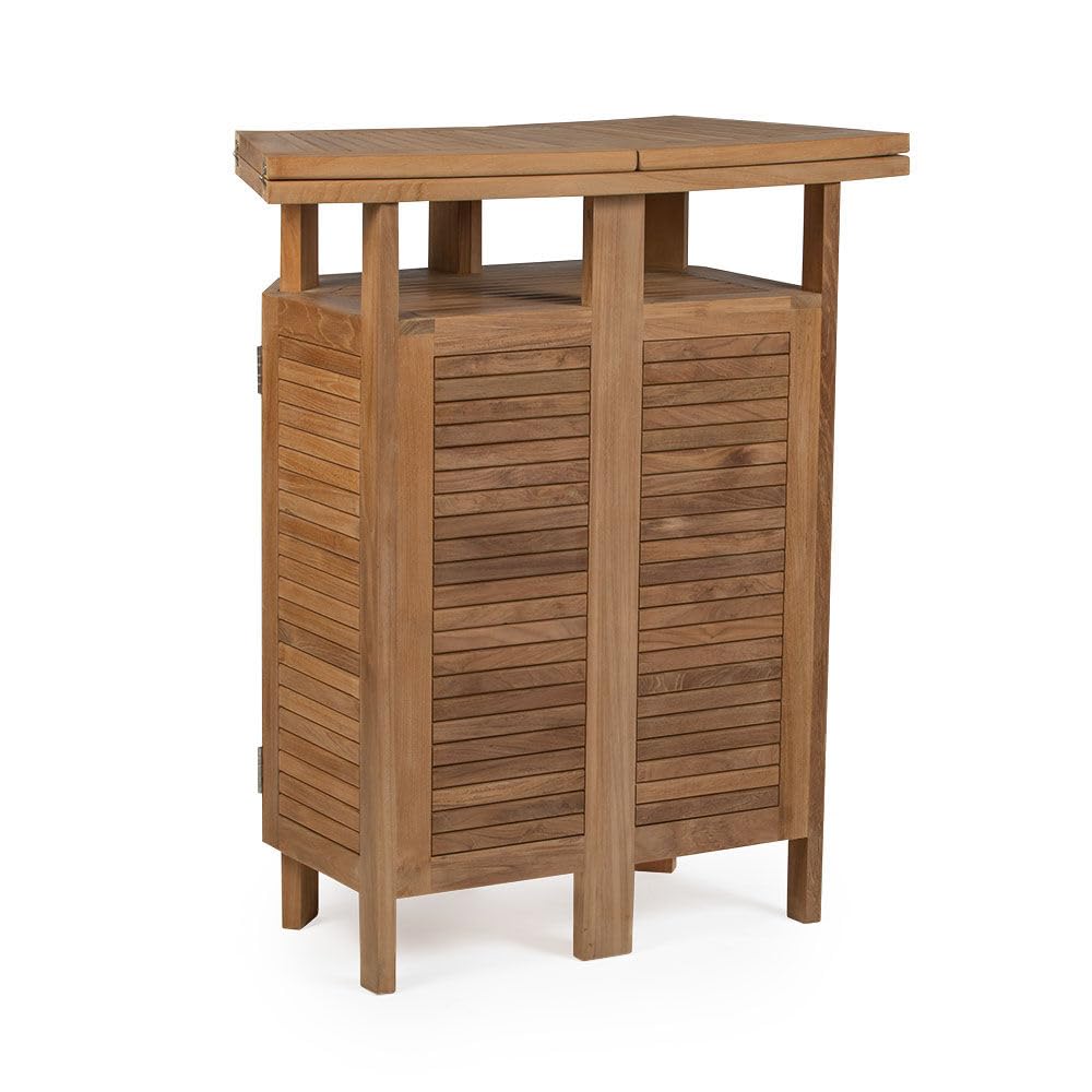 TITAN GREAT OUTDOORS Ash & Ember Grade A Teak Folding Bar Table, Two Tier Cabinet with Folding Panels, Indoor Outdoor Solid Wood Patio Furniture, Tightly Spaced Slats, Weather Resistant Bar F - WoodArtSupply